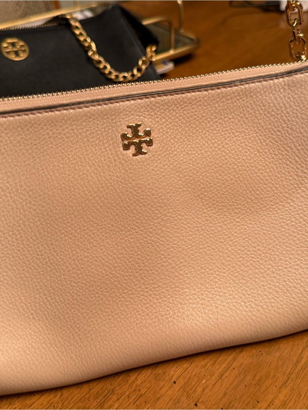 Tory Burch Blush Pebbled Leather Chain-Trim Crossbody